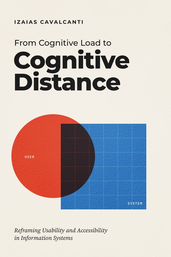 The cover of From Cognitive Load to Cognitive Distance: a red circle labelled user partly overlaps a blue grid labelled system, on cream paper.