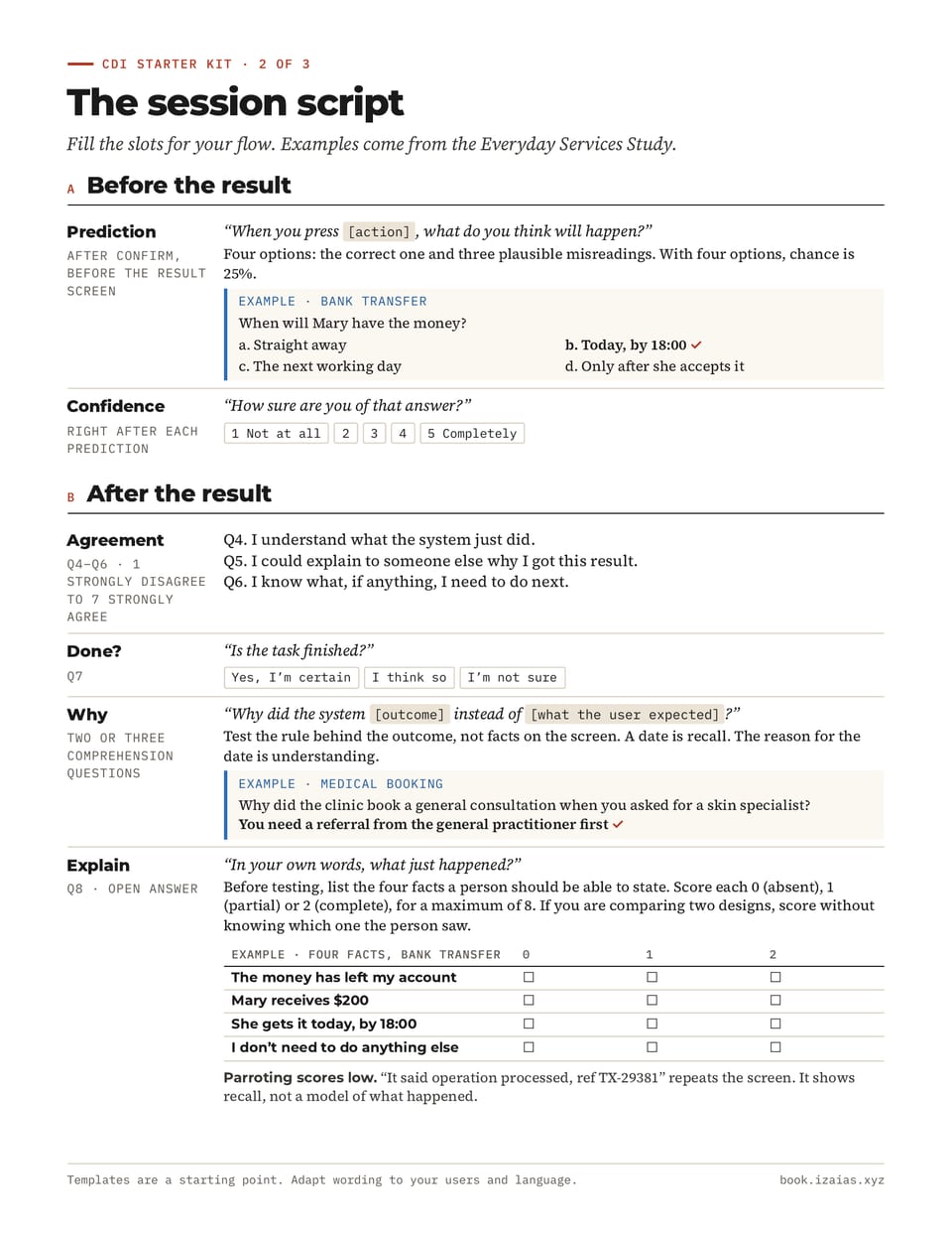 Page 2 of the CDI Starter Kit: prediction, confidence, agreement and explanation questions with examples from a bank transfer and a medical booking.